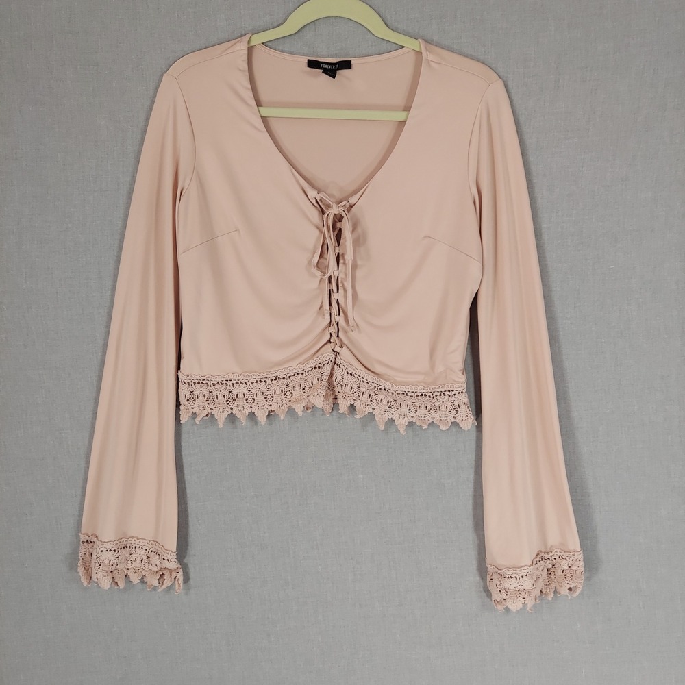 Forever 21 Lace Up Crop Top Pink Coquette Fairy Balletcore Boho Lace Crochet M